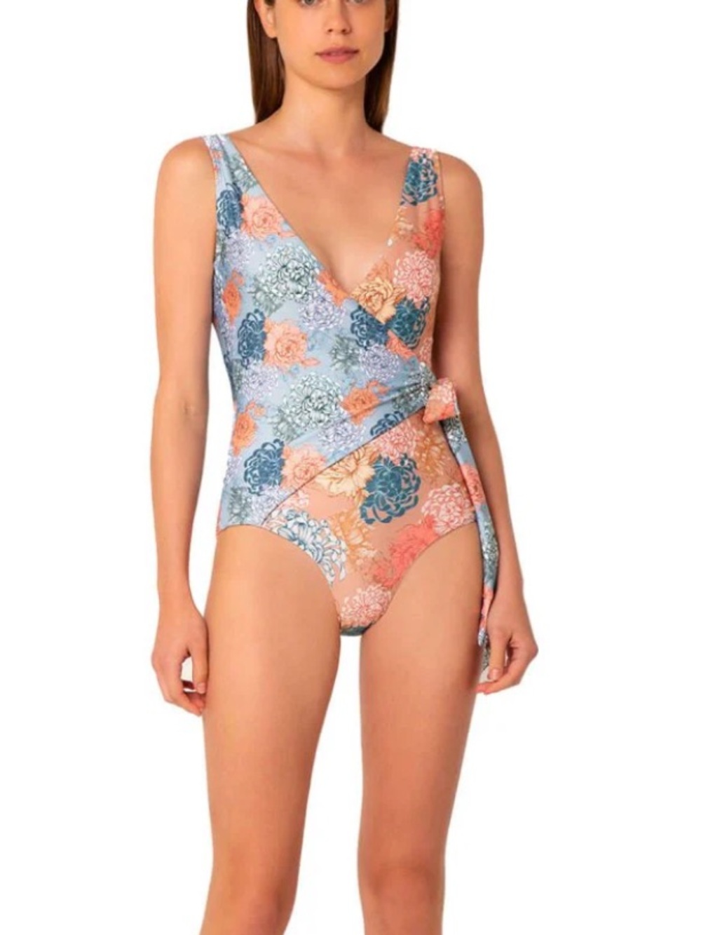 Palmacea Cairel Swim Suit pastel floral pattern wrap  front/side waist tie sz L